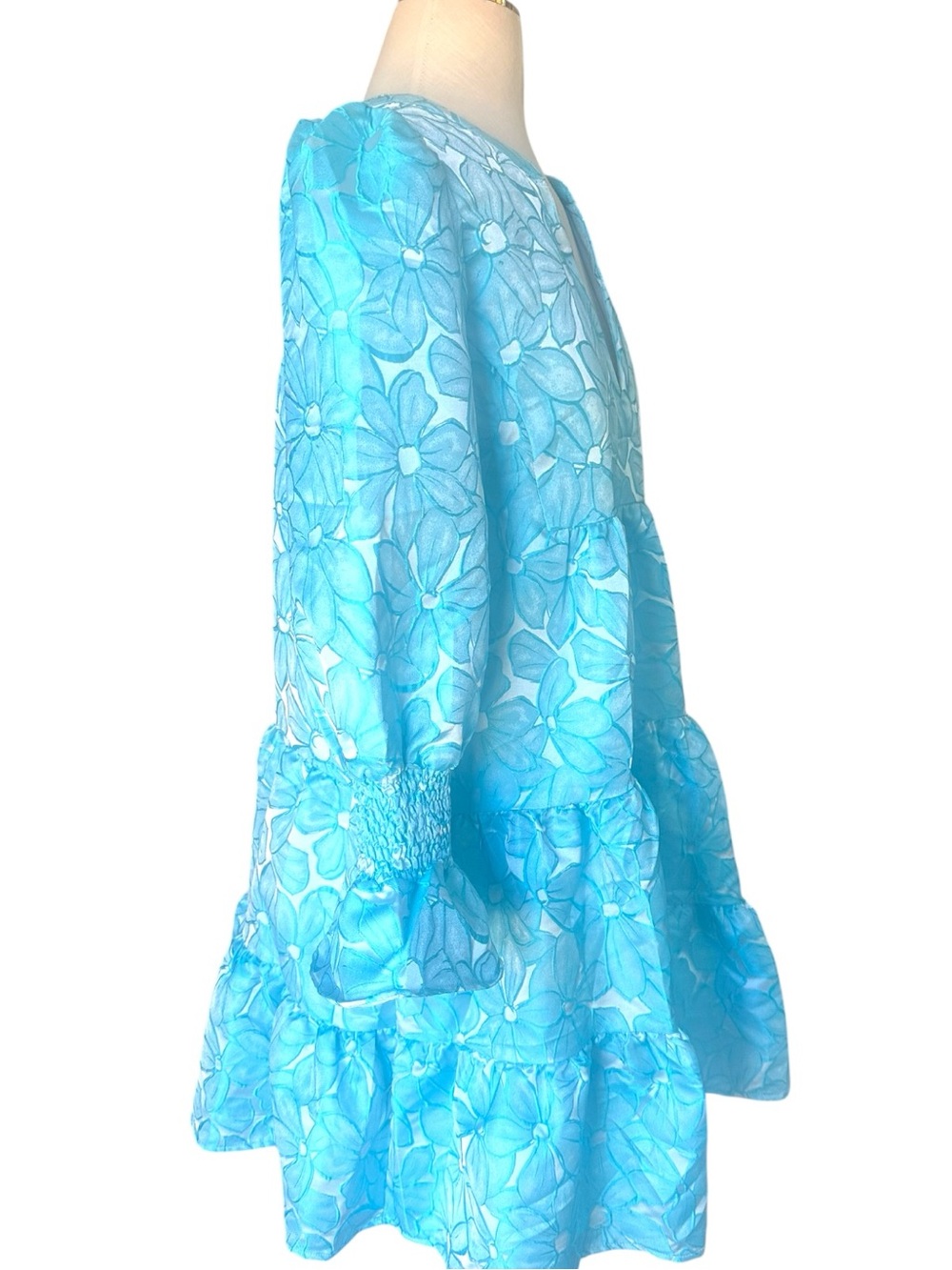 NWT Pomander Place Blue Floral Puff Sleeve Tiered Mini Dress Medium - Picture 5 of 12